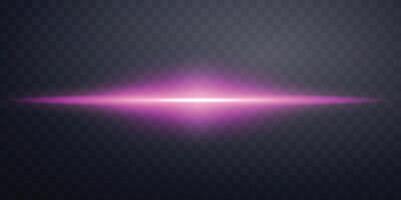 Pink horizontal lensflare. Light flash with rays spotlight. Pink glow flare light effect. Vector illustration. Isolated on dark background.