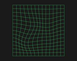 Distorted cyber grid. Cyberpunk geometry element y2k style. Isolated green mesh on black background. Vector fashion illustration.