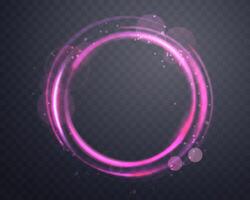 Pink magic ring with glowing. Neon realistic energy flare halo ring. Abstract light effect on a dark background. Vector illustration.