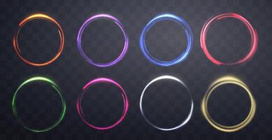 Glowing magic rings set. Neon realistic energy flare rings with sparkling particles. Abstract light effect on a dark background. Vector illustration.