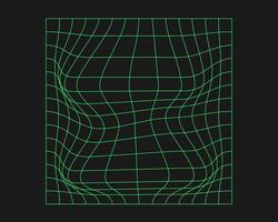 Distorted cyber grid. Cyberpunk geometry element y2k style. Isolated green mesh on black background. Vector fashion illustration.