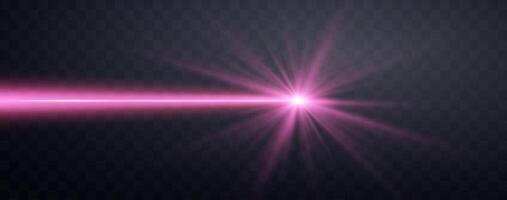 Pink horizontal laser beam. Neon line, presentation pointer. Pink glow flare light effect. Vector illustration. Isolated on dark background.