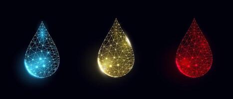 Set of water drop, oil and blood drops. Wireframe low poly style. Abstract vector illustration on dark blue background.