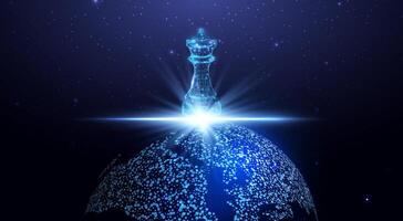 Planet Earth with futuristic glowing chess figure, global strategy and diplomacy concept. Polygonal wireframe vector illustration.