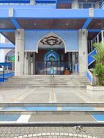 The building and entrance to the mosque are colored blue photo