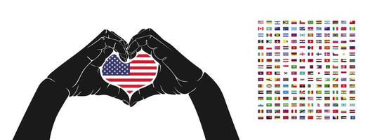 Hands show the shape of a heart. Flags of countries of the world. Vector image