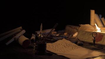 Writing with candlelight in the historical authentic place. video