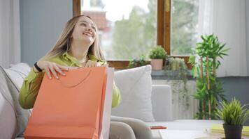 Young woman looking at camera with shopping bags. video