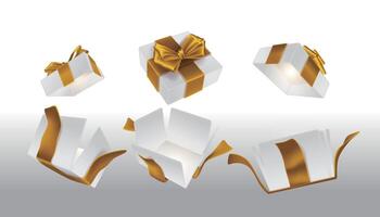 A set of opened white surprise boxes tied with gold ribbon vector