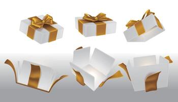 A set of opened white surprise boxes tied with gold ribbon vector