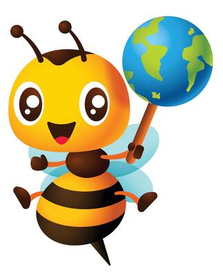Cartoon cute honey bee carrying globe character mascot. Environment concept vector illustration