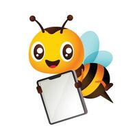 Cartoon cute happy honey bee holding an empty tablet signboard. Vector character illustration