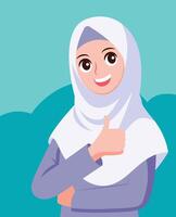 Cheerful hijab muslim woman with hand thumbs up vector flat style illustration