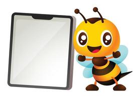 Cartoon cute happy honey bee stand beside an empty tablet signboard. Vector character illustration