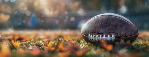 AI generated A realistic American football ball is lying on a football field with leaves. Place for the text on the left photo