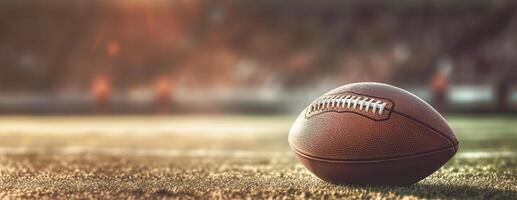 AI generated Realistic American football ball lies on the football field. Against the backdrop of the stands with fans photo