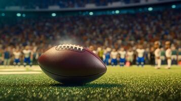 AI generated American football ball lies on the football field. Against the backdrop of the stands with fans photo