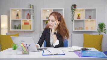 Home office worker woman is tired and sleepy. video