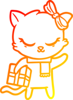 warm gradient line drawing of a cute cartoon cat with present png