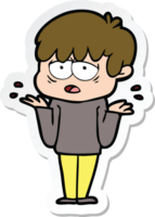 sticker van een cartoon uitgeputte jongen die zijn schouders ophaalt png