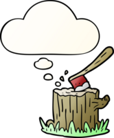 cartoon axe in tree stump with thought bubble in smooth gradient style png