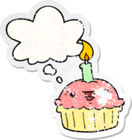 cartoon cupcake with candle with thought bubble as a distressed worn sticker png