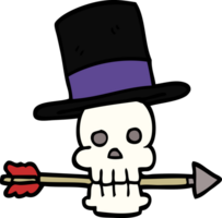 cartoon doodle skull with top hat and arrow png