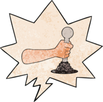 cartoon hand pulling lever with speech bubble in retro texture style png