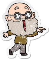 distressed sticker of a cartoon joyful man with beard pointing finger png