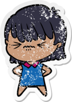 distressed sticker of a annoyed cartoon girl png