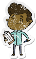 distressed sticker of a happy cartoon man with pen and clipboard png