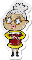 distressed sticker of a cartoon woman with book wearing spectacles png