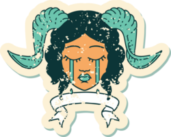 crying tiefling character face with scroll banner illustration png