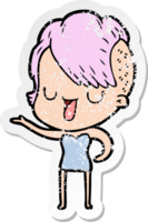 distressed sticker of a cute cartoon girl with hipster haircut png