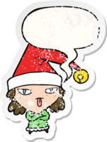 cartoon meisje met kerstmuts en tekstballon verontruste sticker png