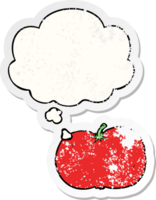 cartoon tomato and thought bubble as a distressed worn sticker png