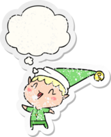 dessin animé joyeux lutin de noël et bulle de pensée comme un autocollant usé en détresse png