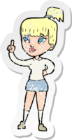 adesivo retrô angustiado de uma garota atraente de desenho animado com ideia png