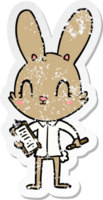 autocollant en détresse d'un lapin de dessin animé mignon avec presse-papiers png