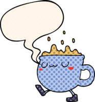 cartoon coffee cup walking and speech bubble in comic book style png