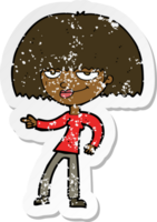 retro distressed sticker of a cartoon happy woman pointing png