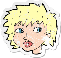 retro distressed sticker of a cartoon surprised woman png