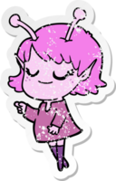 distressed sticker of a smiling alien girl cartoon png