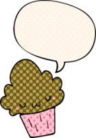 cartoon cupcake and face and speech bubble in comic book style png