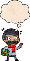 homme de dessin animé avec moustache et cadeau de noël et bulle de pensée dans le style de motif de texture grunge png