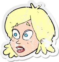 retro distressed sticker of a cartoon female face with surprised expression png