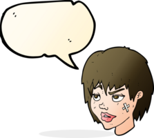 Cartoon-Frau mit Gips im Gesicht mit Sprechblase png