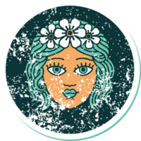 distressed sticker tattoo style icon of female face with crown of flowers png