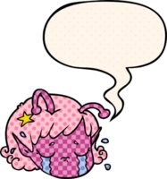 cartoon alien space girl face crying and speech bubble in comic book style png