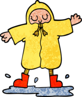 Grunge texturierte Illustration Cartoon-Person, die in einer Pfütze spritzt und einen Regenmantel trägt png
